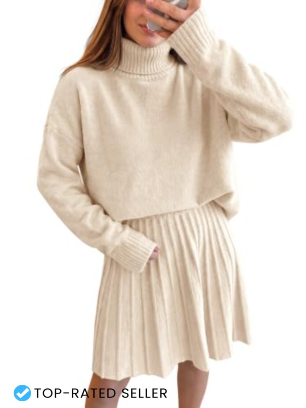 Turtleneck Sweater Top and Pleated Mini Skirt Two-Piece Knit Set